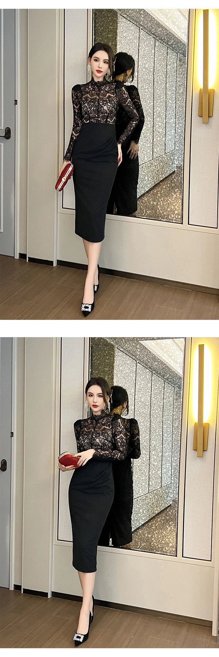 New Women's French  Elegant Black Dress Celebrity Sheer Lace Spliced Midi Robe Professional Business Vestidos Mujer Party Gown