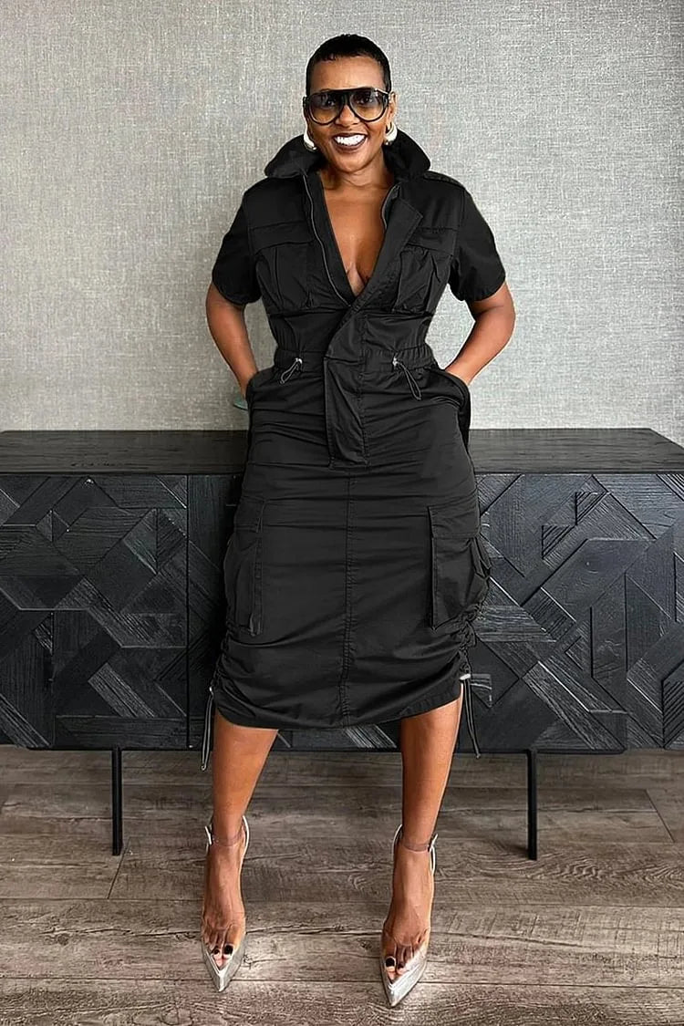 Streetwear Multi Pockets Cargo Dress Sexy Women Turn Down Collar Elegant Club Party Skater Dress Vestidos