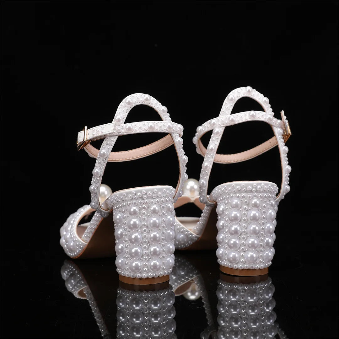 2024 Autumn New Fish Mouth High Heels Slim Heels Shallow Mouth Water Diamond Pearl Women's Single Shoes Wedding Wedding Shoes