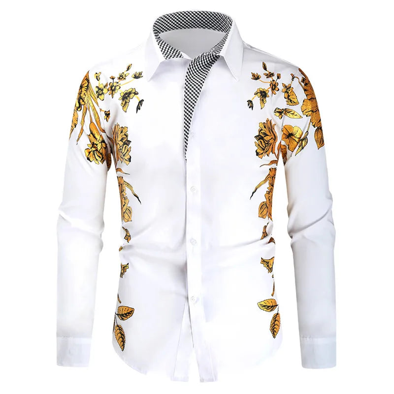 2024 Men's Brand Shirt, Luxury Gold High Quality Long Sleeve Shirts, Business White Black Men Dress Prom Social Print Shirts