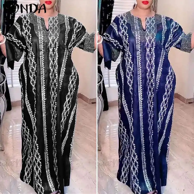 2025 VONDA Printed Maxi Dresses Vintage Women Bohemian Vestidos Casual 3/4 Sleeve Sundress Oversize Simple Elegant Long Robe