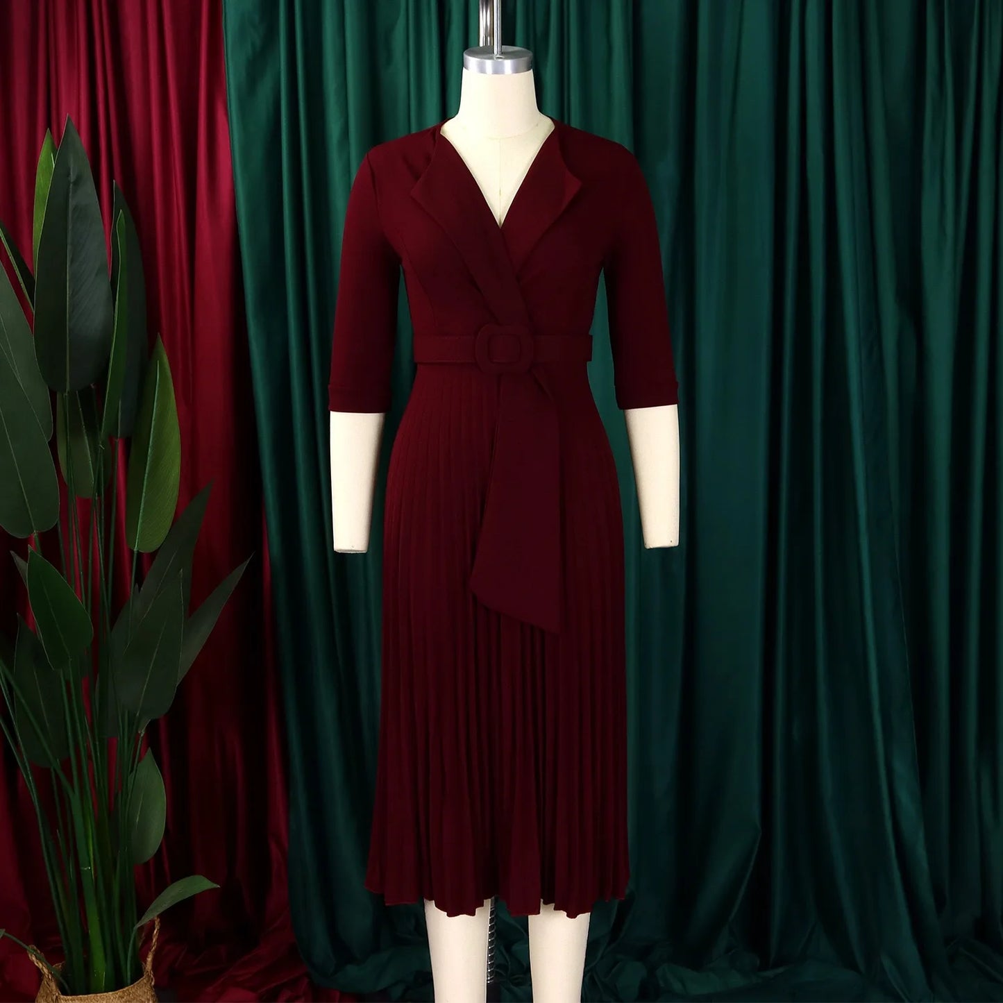 Elegant Office Ladies Dresses 2024 Autumn Fall Notched Collar Half Sleeve Belt Waisted Mid Calf Female Birthday Party Dress Midi