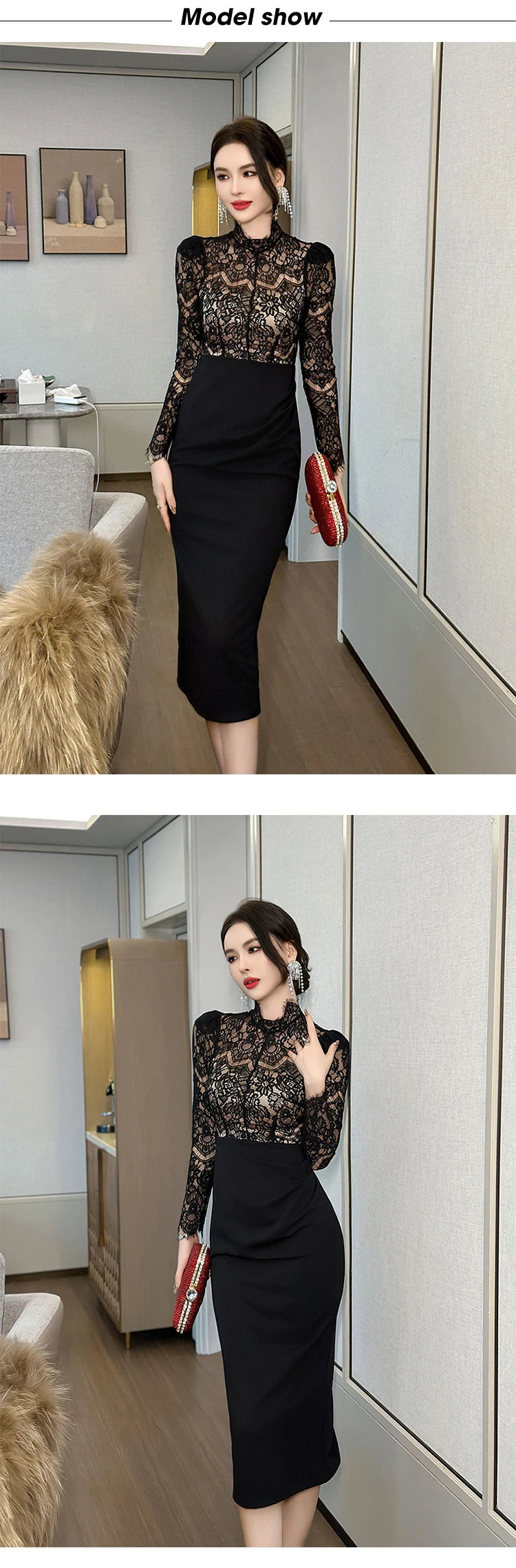 New Women's French  Elegant Black Dress Celebrity Sheer Lace Spliced Midi Robe Professional Business Vestidos Mujer Party Gown