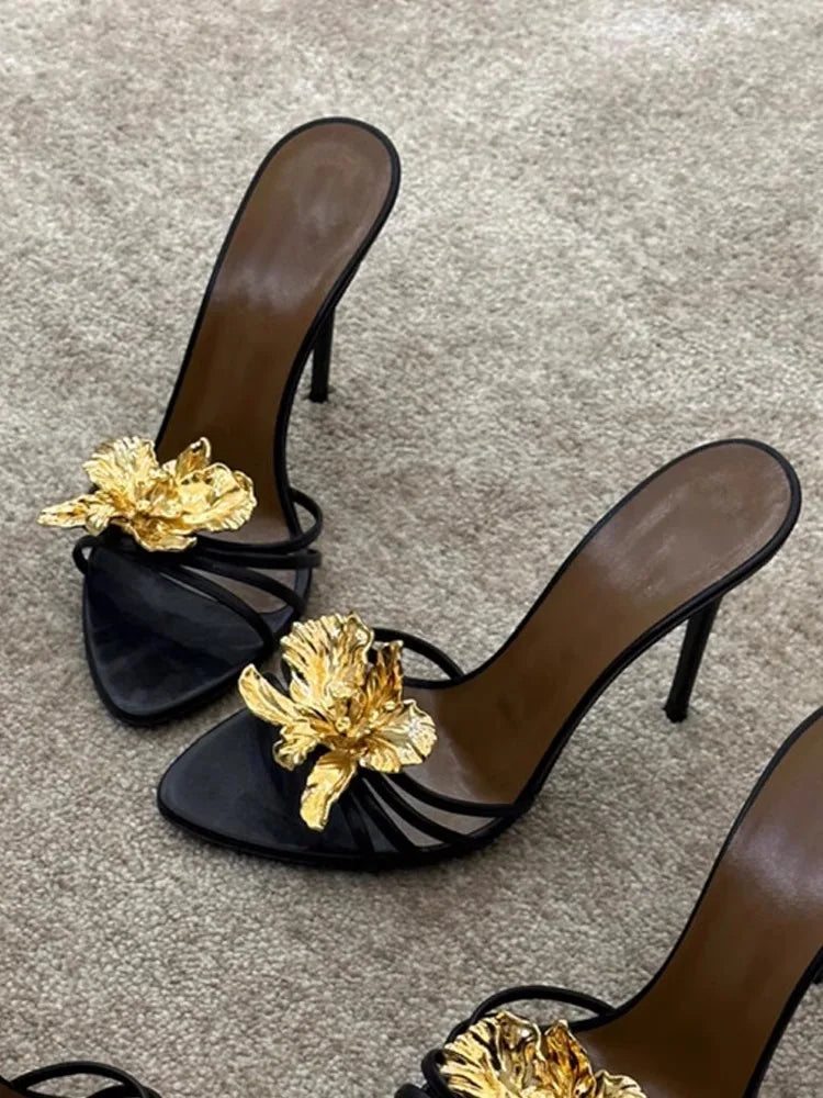 2025 Women's Sandals Slippers Summer Metal Flowers Beautiful Fashion Sandals Women's Stiletto High Heels Black Sandals
