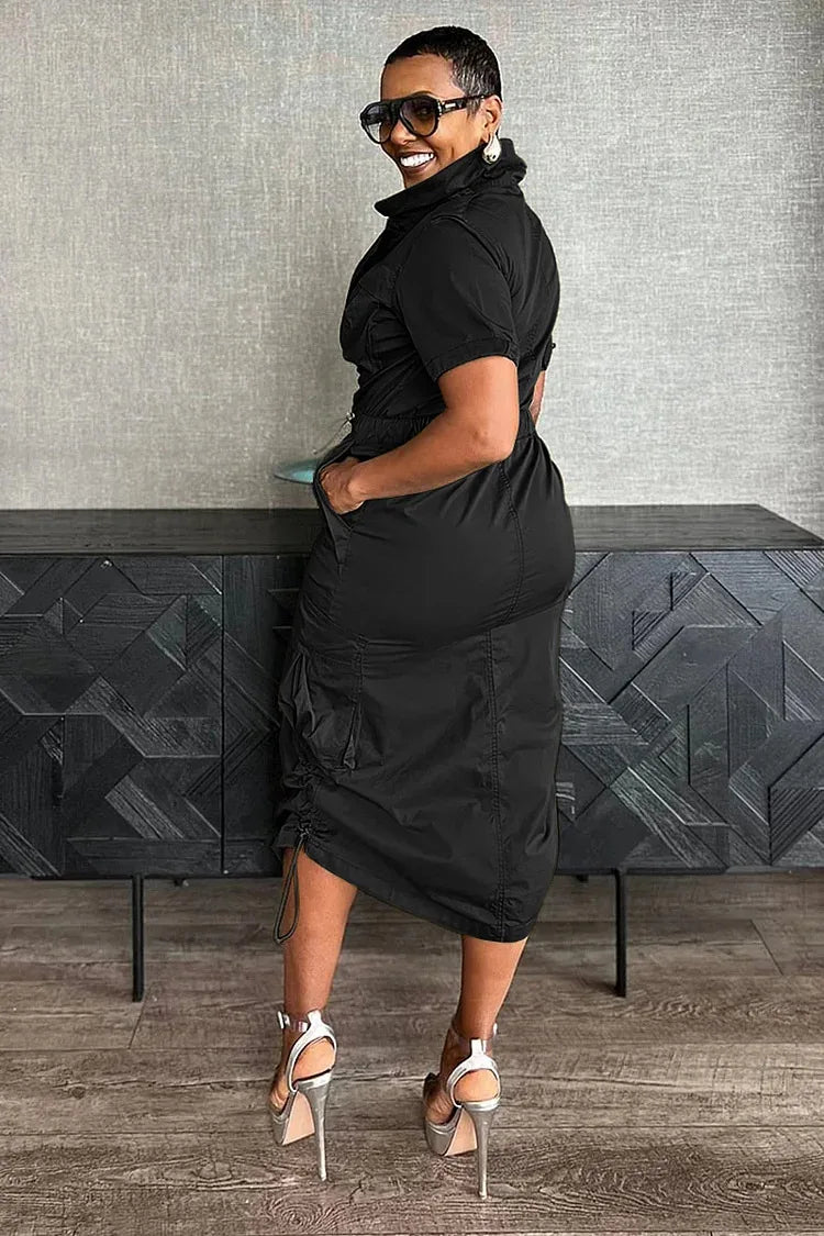 Streetwear Multi Pockets Cargo Dress Sexy Women Turn Down Collar Elegant Club Party Skater Dress Vestidos