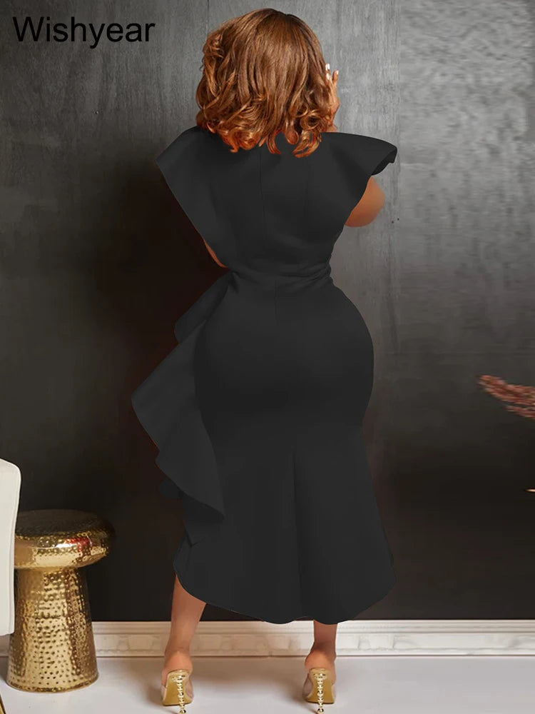 Sexy Flare Short Sleeve High Side Split Ruffles Bodycon Midi Dress Women Autumn Evening Wedding Party Birthday Vestidos Elegant