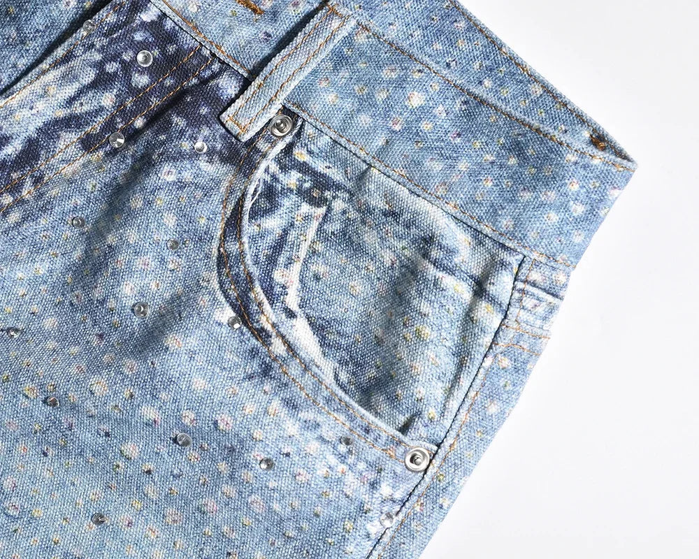 Full Rhinestone Print Washed Blue Baggy Jeans Mens and Women Ropa Hombre Streetwear Solid Casual Denim Trousers Loose Cargos