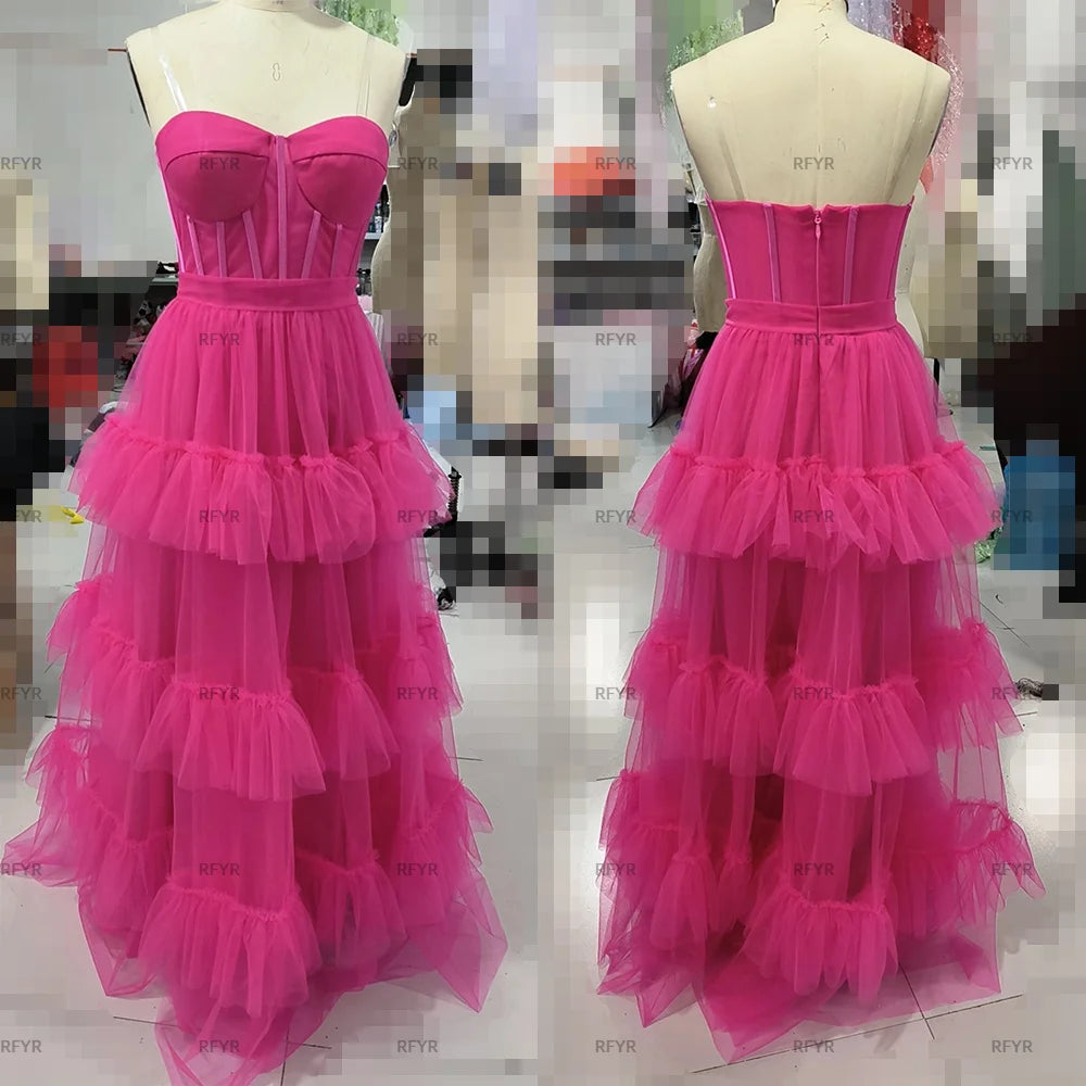 RFYR Fuschia Tiered Ruffles Tulle Prom Dresses Sweetheart Sleeveless Pleat Ruched Saudi Arabic Evening Party Gown Customized