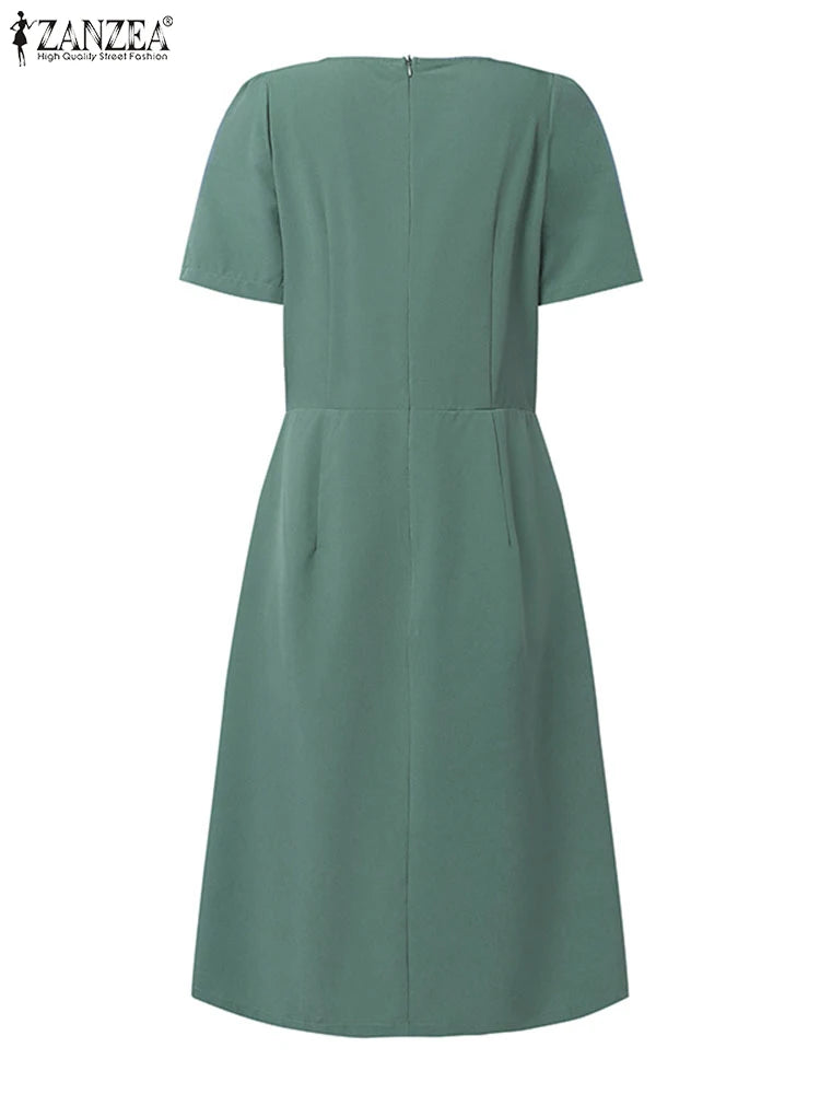 Elegant Pleated Dress ZANZEA Summer O Neck Short Sleeve Sundress Women Stylish Casual Work Party Vestidos Solid Knee Length Robe