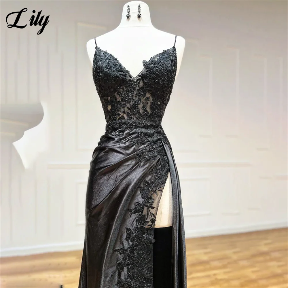 Lily Spaghetti Strap Black Prom Dress Mermaid Sexy Celebrity Dresses Women's Evening Dress Appliques Lace Formal Gown Customized