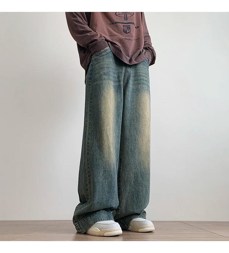 Distressed Vintage Blue Jeans Pants Men Wide-leg Denim Trousers Male Oversize Streetwear Fashion Casual Baggy Straight Jeans