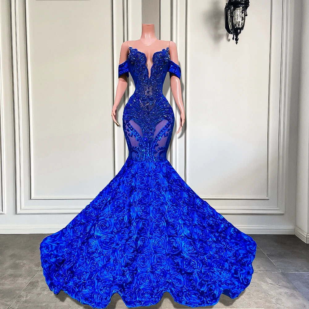 Long Prom Dresses 2025 Luxury Sheer O-neck Off The Shoulder Sparkly Diamond Black Girl Royal Blue Prom Gala Formal Gowns