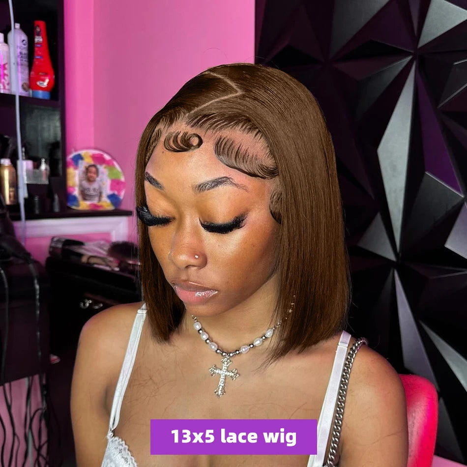 Brazilian  250 Density Short Bob 13x4 HD Transparent Lace Front Human Hair Wig Chocolate Brown Straight 13x5 Lace Frontal Wigs