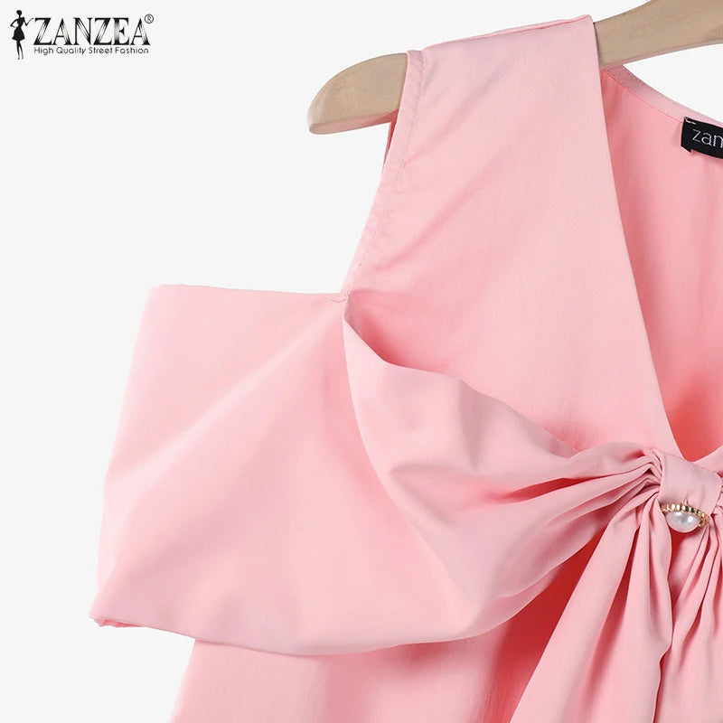 Women Summer Bow Tie Blouse 2025 ZANZEA Elegant Solid OL Work Shirt Casual V Neck Sleeveless Holiday Tops Stylish Party Blusas