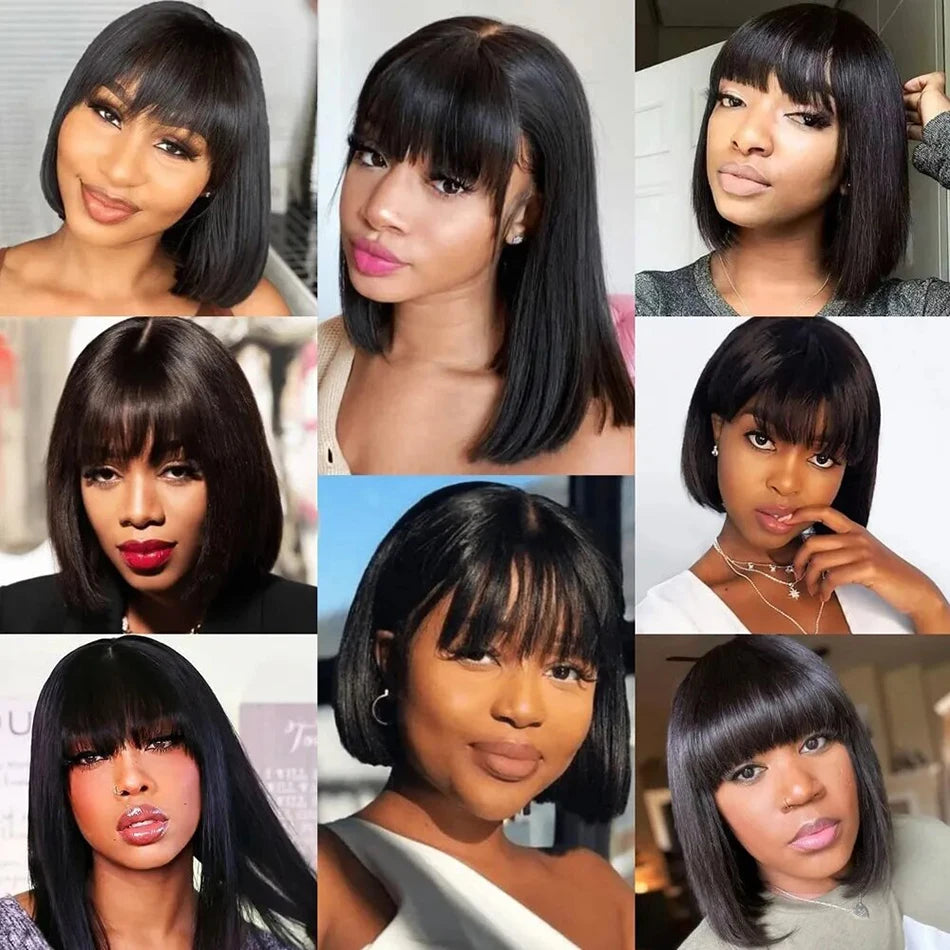 Wiggogo 3X1 Middle Part Lace Wig Bob Wigs Full Machine Made Bone Straight Human Hair Wigs With Bangs Short Bob Human Hair Wigs