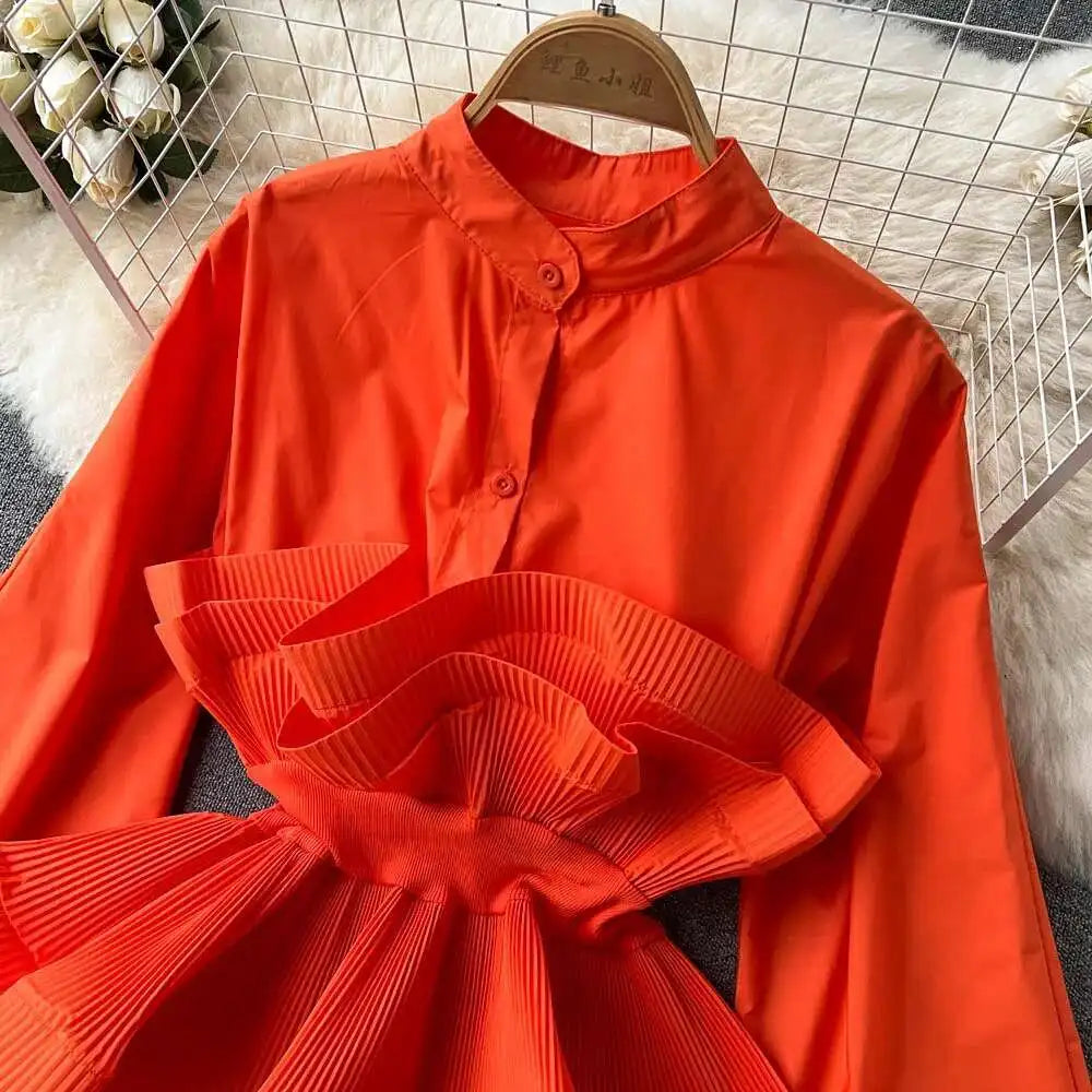 XFPV Women Puff Sleeve Pleated Ruffle Solid Casual Blouse Patchwork Y2k Top Slim Waist Shirt Sweet Summer Spring 2025 SM2983