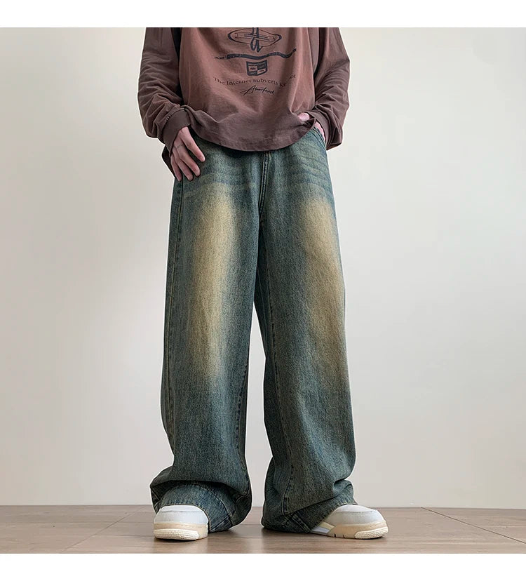 Distressed Vintage Blue Jeans Pants Men Wide-leg Denim Trousers Male Oversize Streetwear Fashion Casual Baggy Straight Jeans