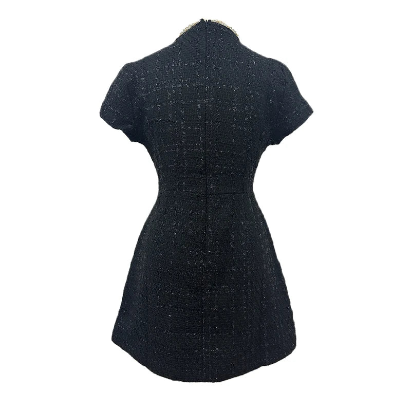 White Shoulder Pad Short Sleeve Party Dress Women's Elegant Tweed A-line O-neck Patchwork Luxury Black Evening Dresses Birthday