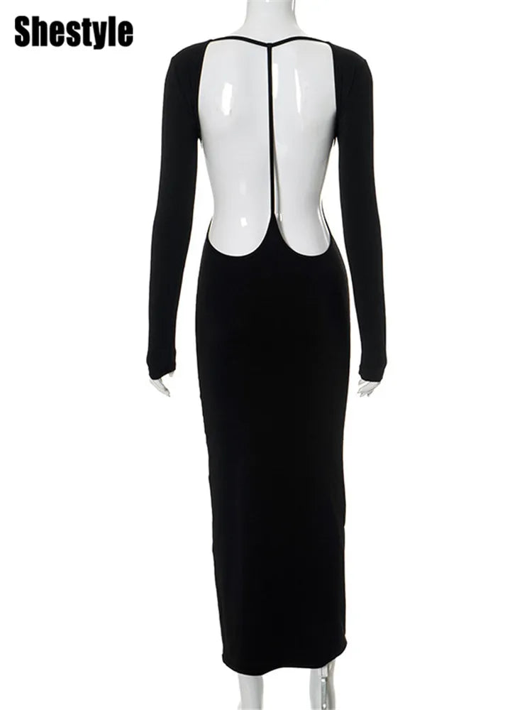 Shestyle Backless Black Pencil Dress Women Solid Feature Design Plain Seductive Clubwear Super Sexy Grunge Glamorous Modern