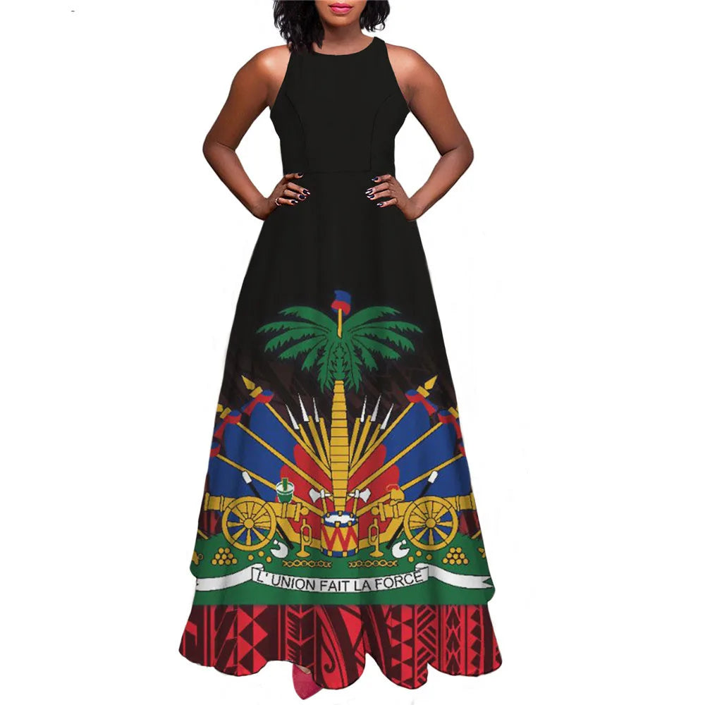 Haiti Flag Print Luxury Designer Women Summer Spring Maxi Dress Ladies Sexy Sundress Casual Sleeveless Long Woman Dresses Mujer