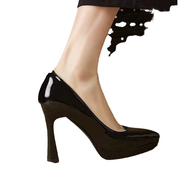 Low-cut Waterproof Platform Gentle Bright Leather Pumps Professional Women's Shoe