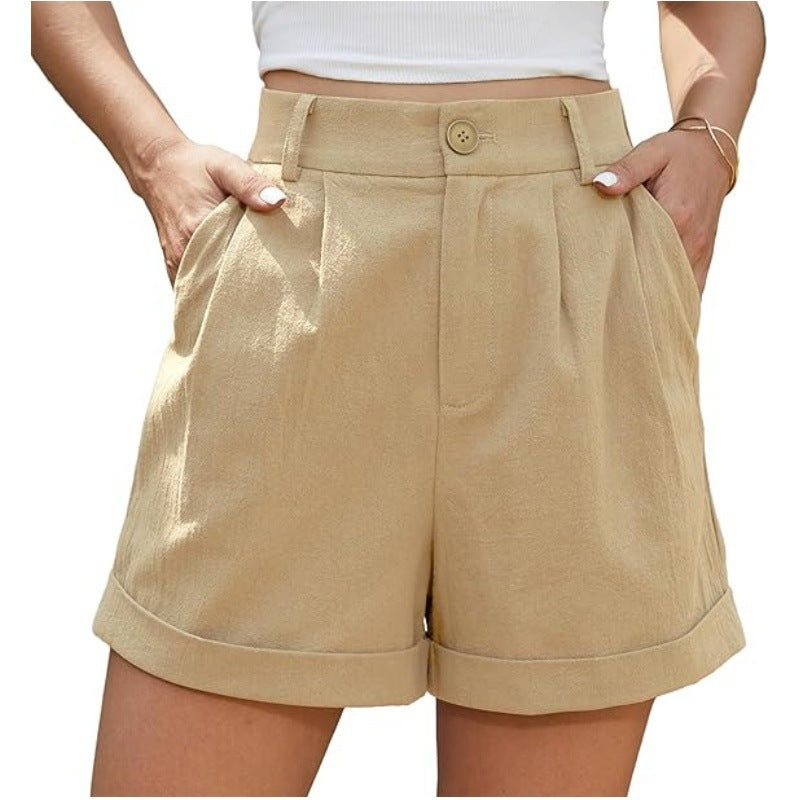 Women's Pleated Zipper Hemming Casual High Waist Shorts