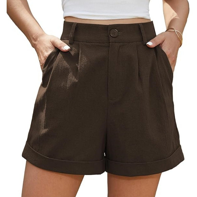 Women's Pleated Zipper Hemming Casual High Waist Shorts