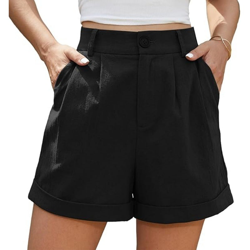 Women's Pleated Zipper Hemming Casual High Waist Shorts