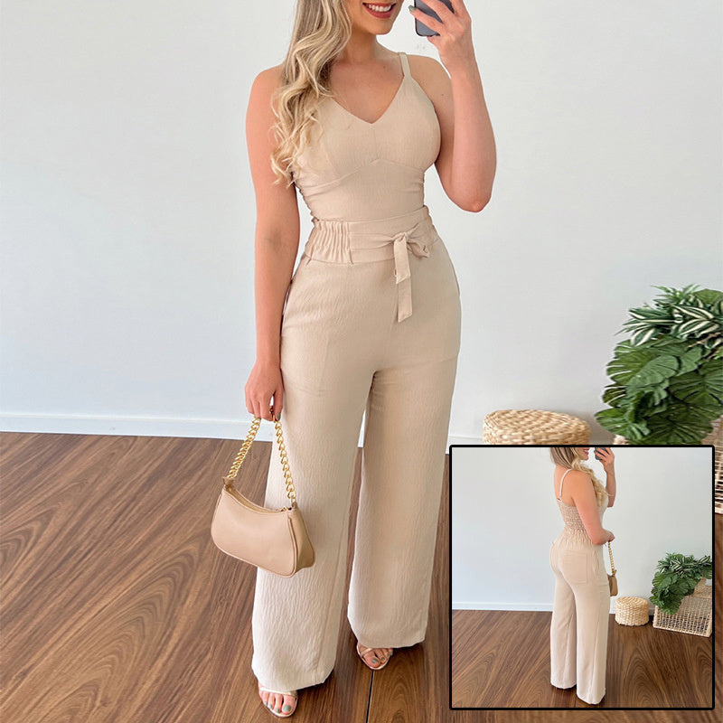 Women's Solid Color Slim Elastic Pleated Two-Piece Suit Sexy Spaghetti Strap V-neck Backless Vest High Waist Wide Leg Pants Suit